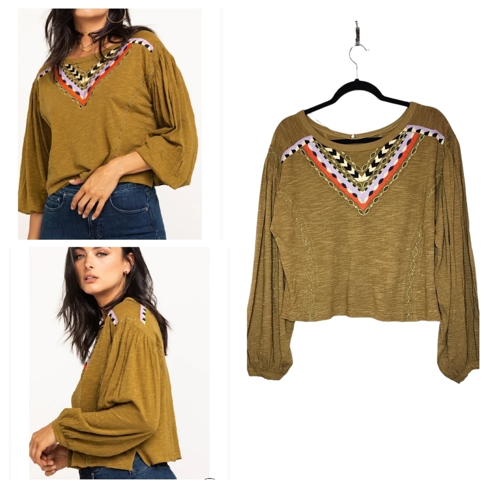 NWT Free People linen-blend Embroidered top in Moss Combo.